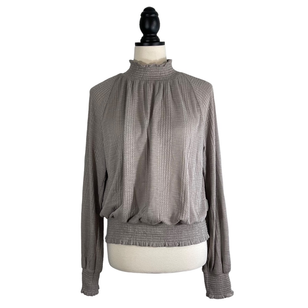 Free People Boulevard Top Textured Ruffle High Neck Taupe Gray, Size M